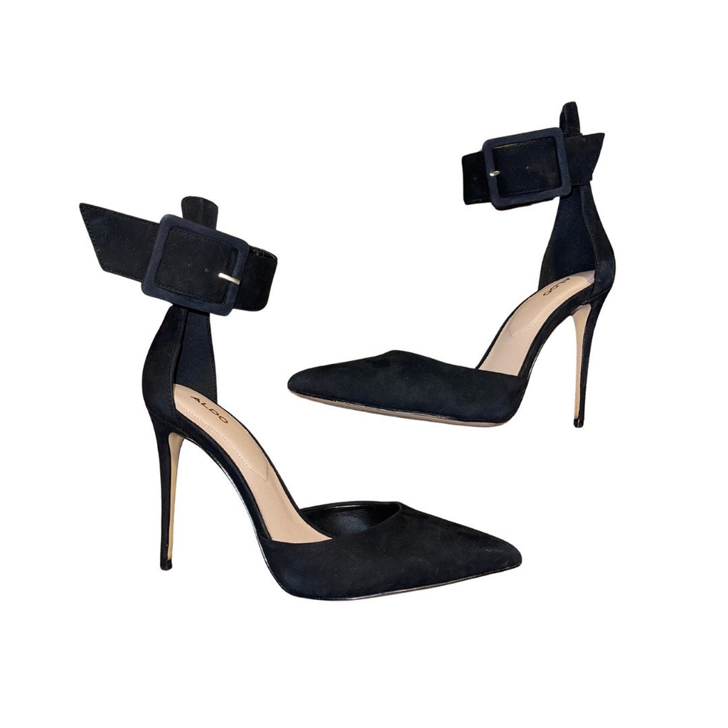 Aldo Onaedia Heels Black Pointy Toe Wide Ankle Strap Buckle Pump Stiletto Size 8.5