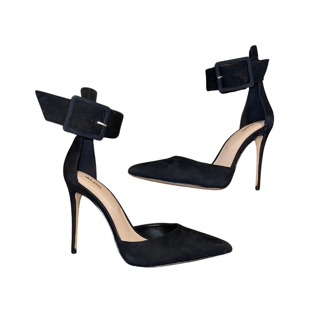 Aldo Onaedia Heels Black Pointy Toe Wide Ankle Strap Buckle Pump Stiletto Size 8.5