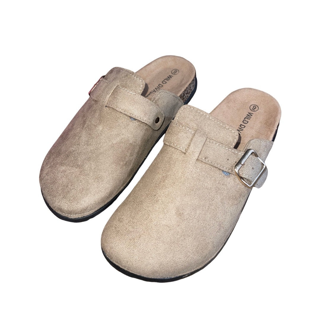 Wild Diva Slip on Mules Cork like Sole adjustable buckle faux suede  NWT Size 9