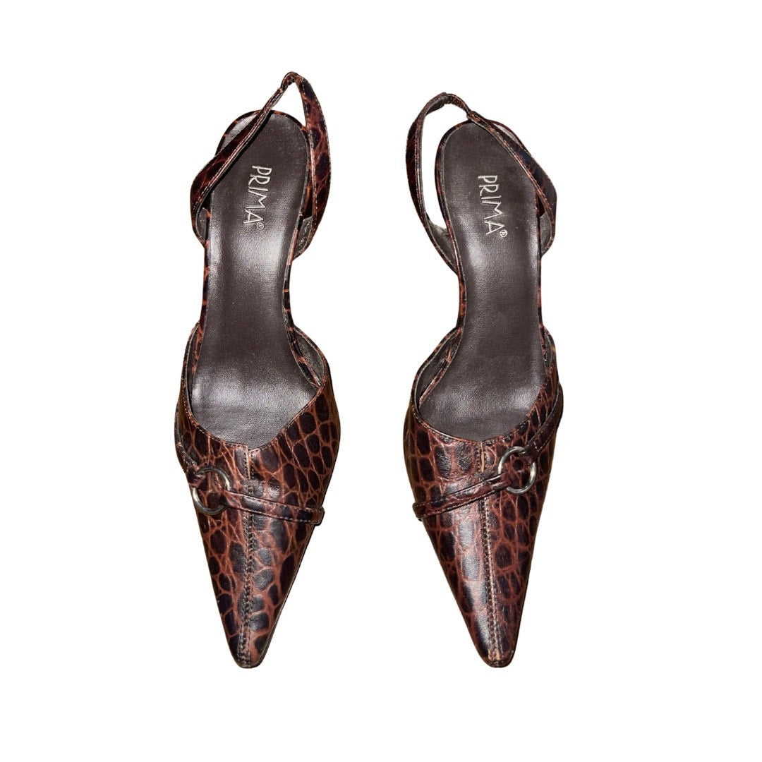Vintage Prima Cavie Dark Brown Croco Leather Slingback Heel Pump Size 6.5
