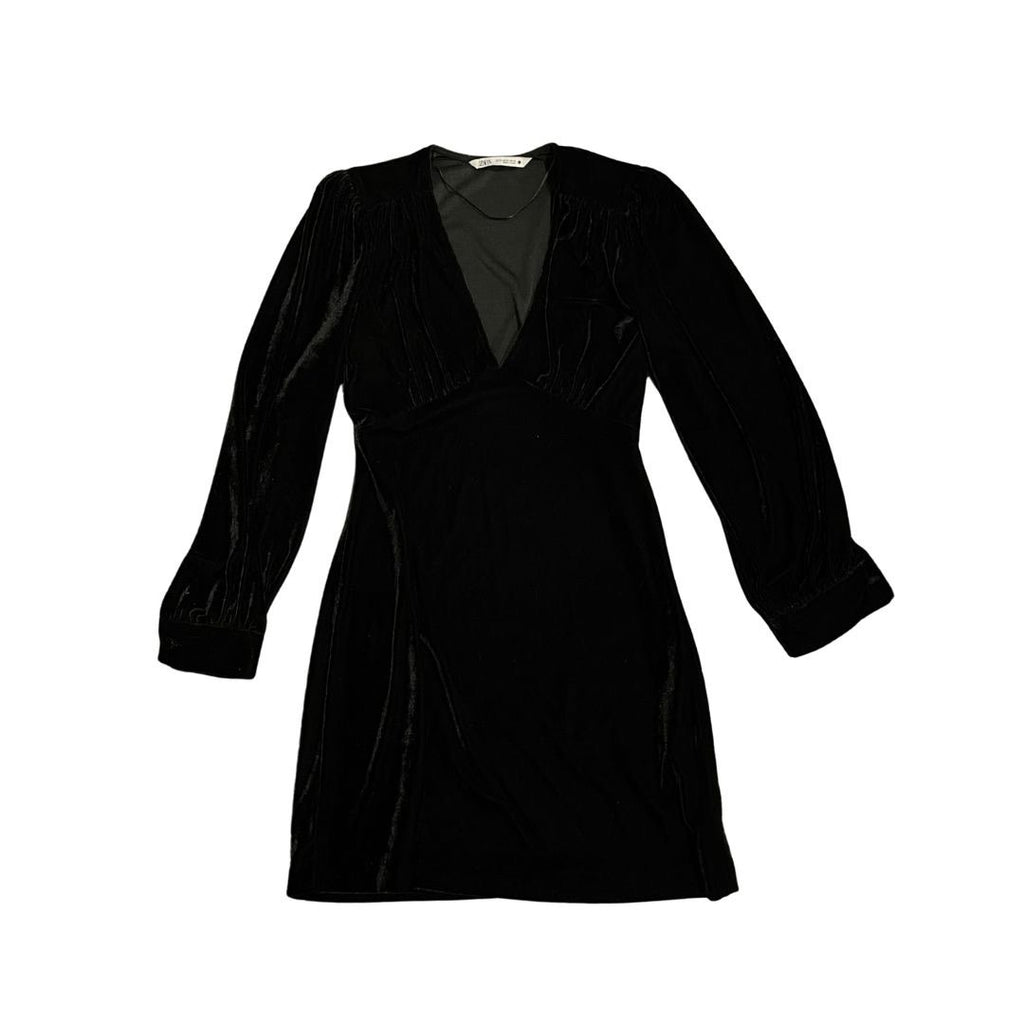 Zara Alessa Black Velvet Long Sleeve V-Neck Short Dress SZ Small Cocktail Party