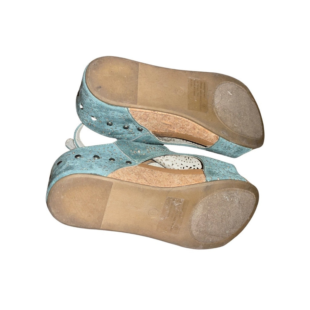 Very G. Free Fly 3 Wedges Turquoise Cork Heel Size 8 Artsy Boho Chic Spring