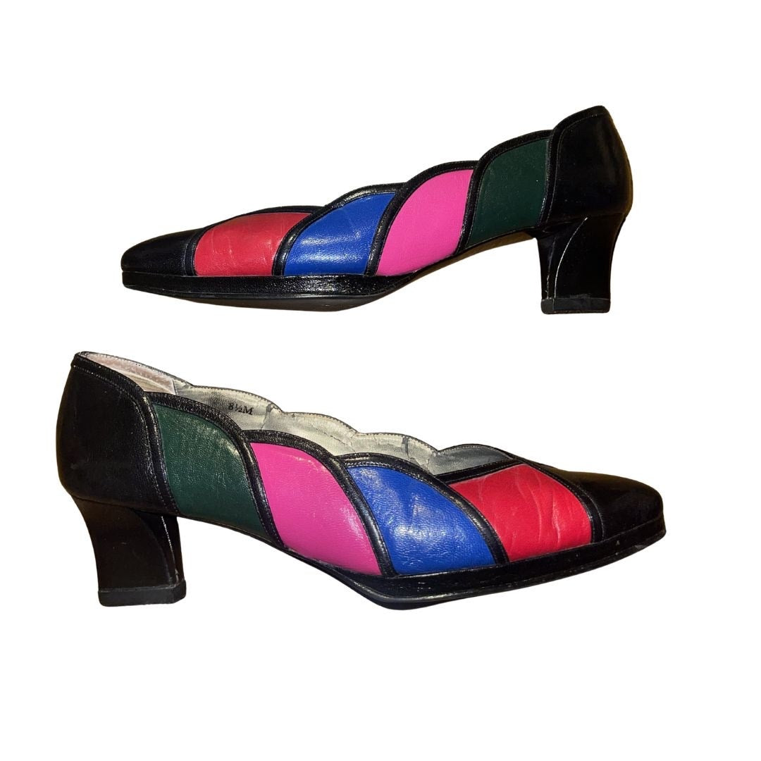 Vintage Van Eli Colorblock Patchwork Pumps 80s 90s Mid Heel Rainbow Retro SZ8.5