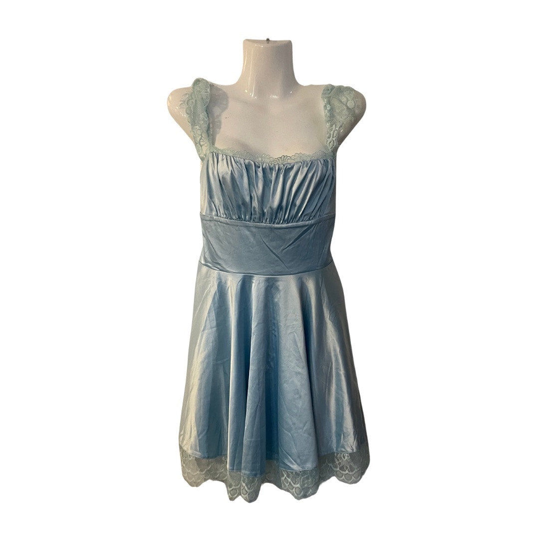 Blue Satin Faux Silk Lace Trim Mini Slip Dress Coquette Fairycore Whimsigoth Y2K