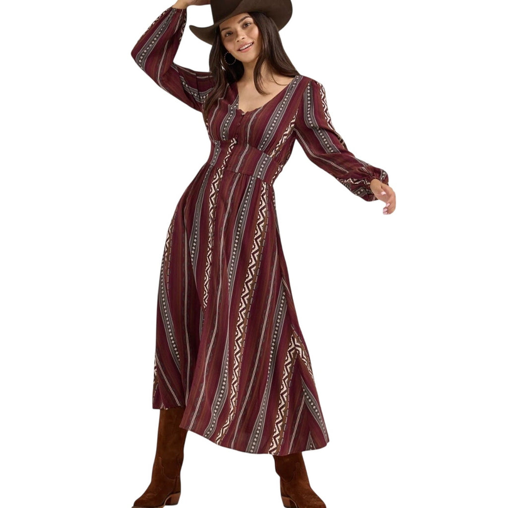 Wrangler Retro Southwestern Striped Long Sleeve Button Maxi Dress Medium Western