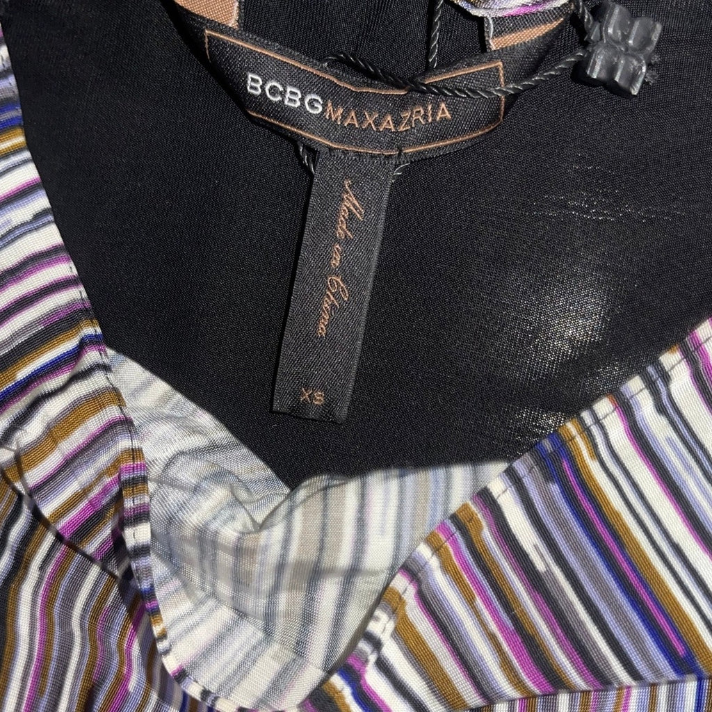 BCBGMAXAZRIA Cowl Neck Multicolor Striped Belted Midi Dress SZ S Retro Groovy