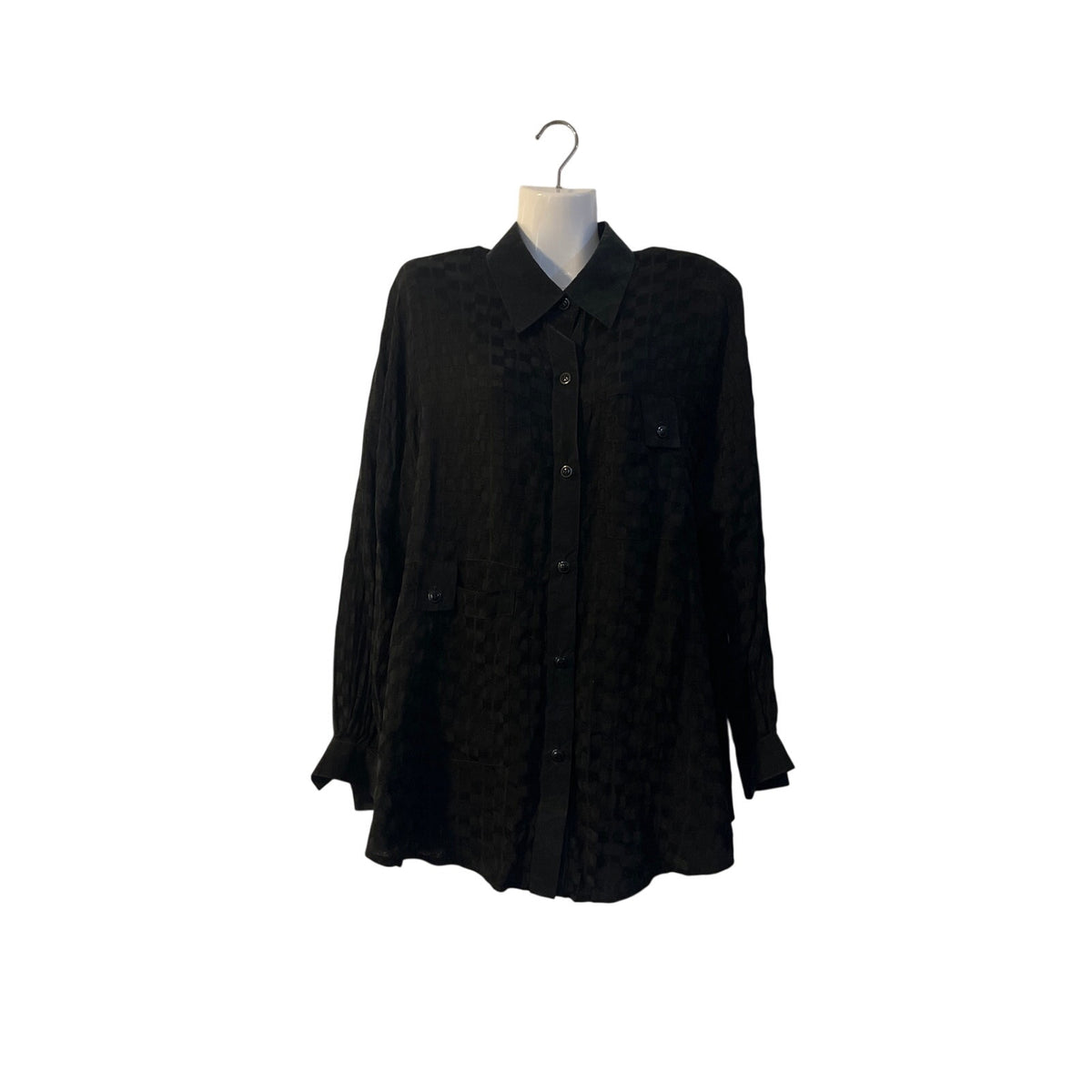 Vintage Landsford Sport Black Checkered Long Sleeve Button Blouse Shoulder Pads