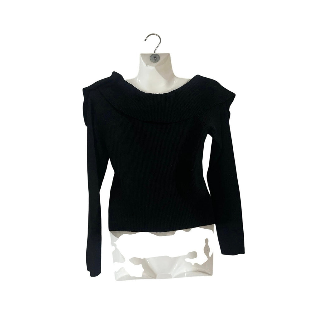 Steve Madden Black Ribbed Long Sleeve Collar Knit Top SZ S Form Fitted Y2K Chic