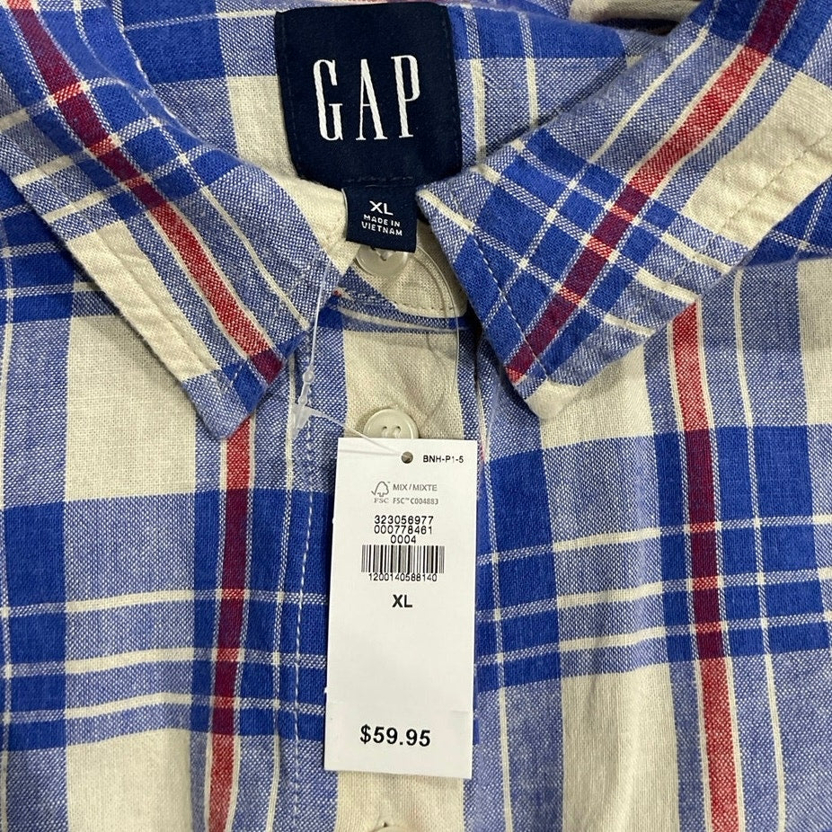 Gap Linen Blend Tie Front Cropped Boxy Fit Plaid Button up Shirt Size Large NWT