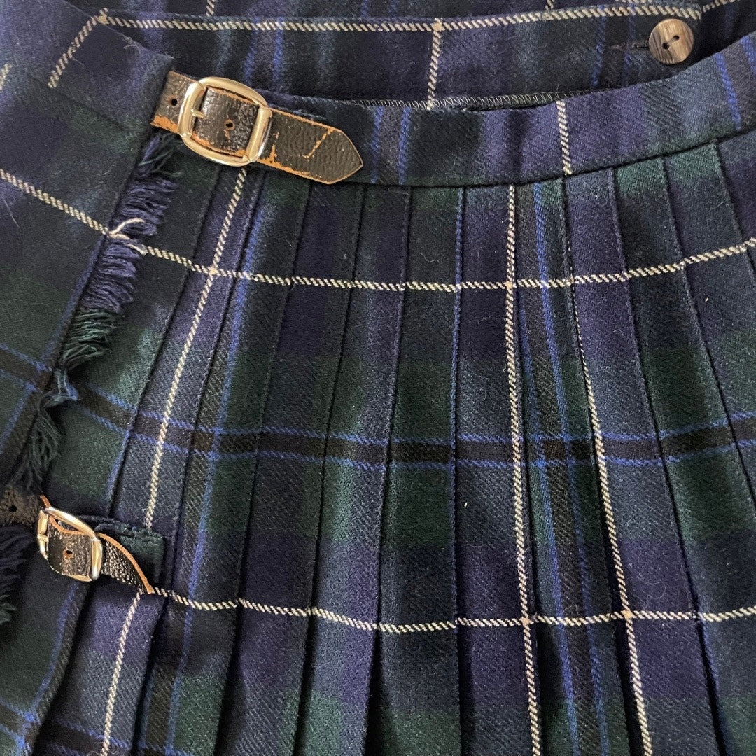 Vintage Glengary Pleated Kilt Pleated Wrap Navy Blue Wool Scotland Size SM