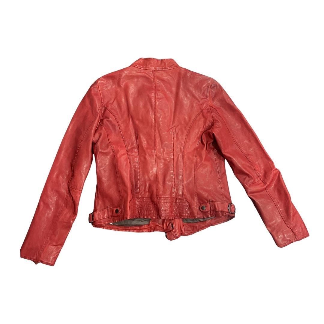 Andrew Marc Women Red Leather Fitted Moto Jacket Size XL Biker Vintage Aviator