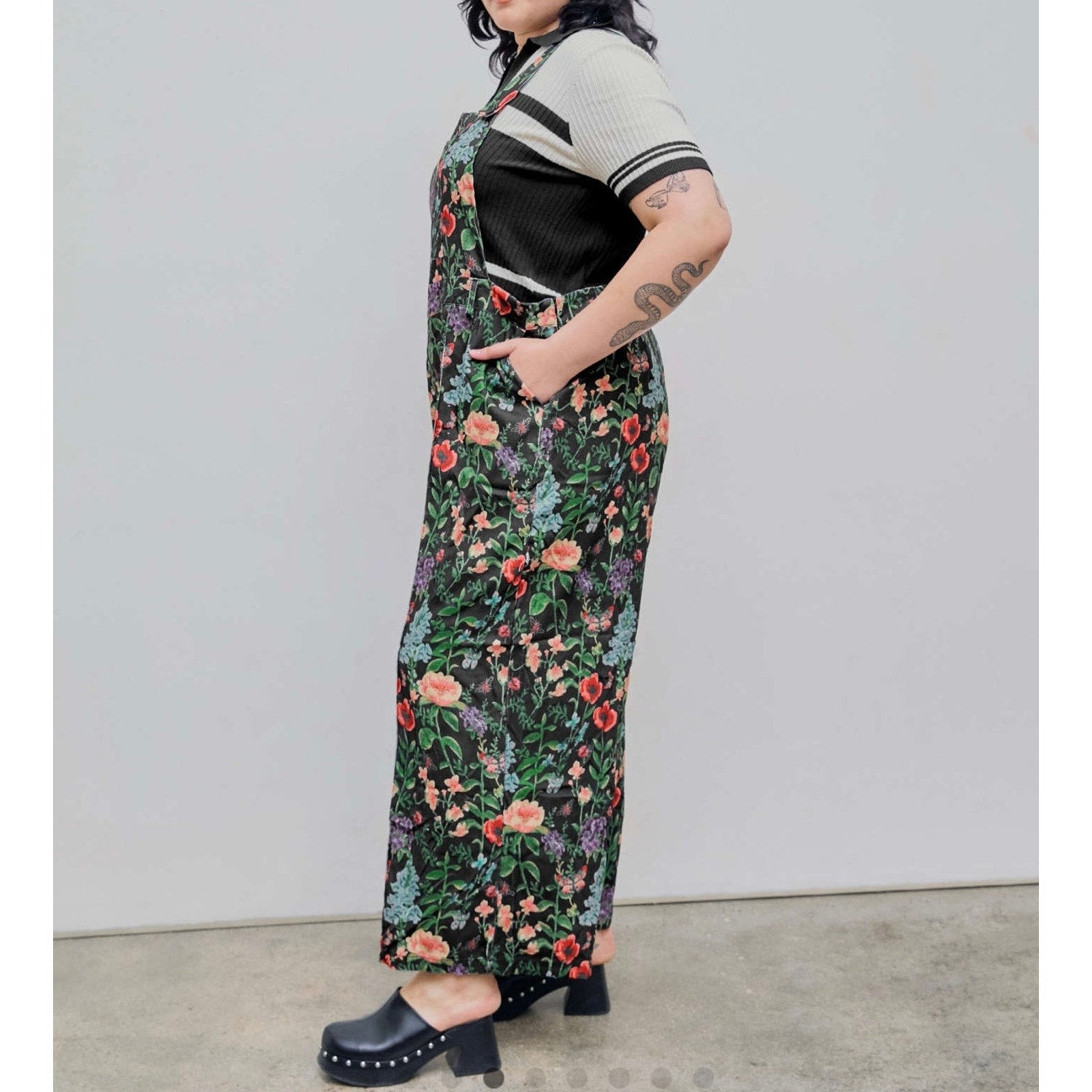 Cider Lightweight corduroy floral pocket wide leg jumpsuit overalls curve & plus