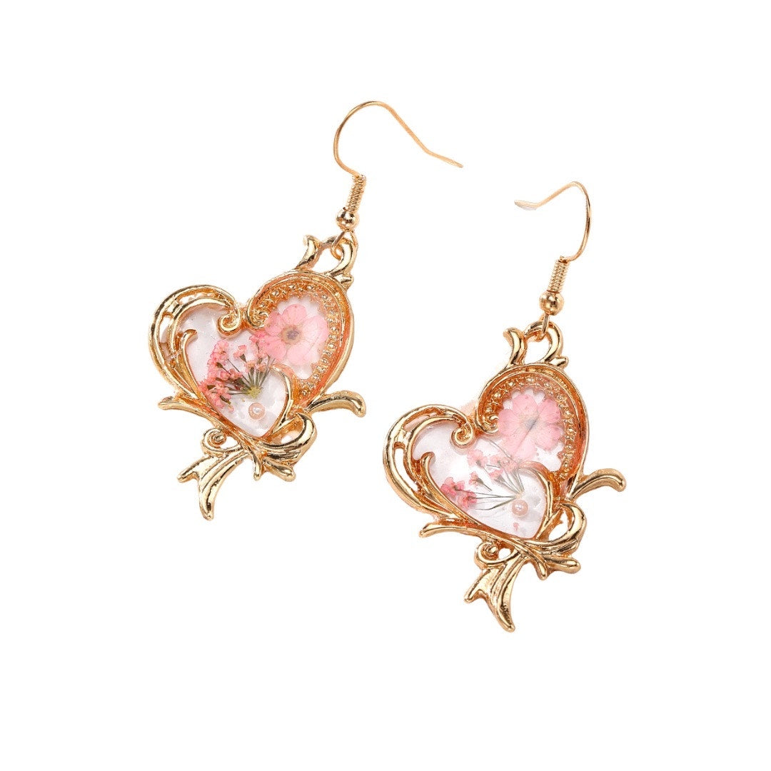 Transparent Heart resin blue flower earrings