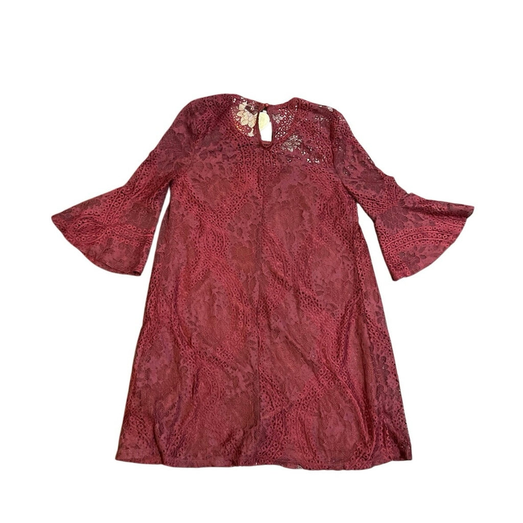 Lots of Love by Speechless Burgundy Floral Lace Shift Dress Bell Sleeves XS NWT