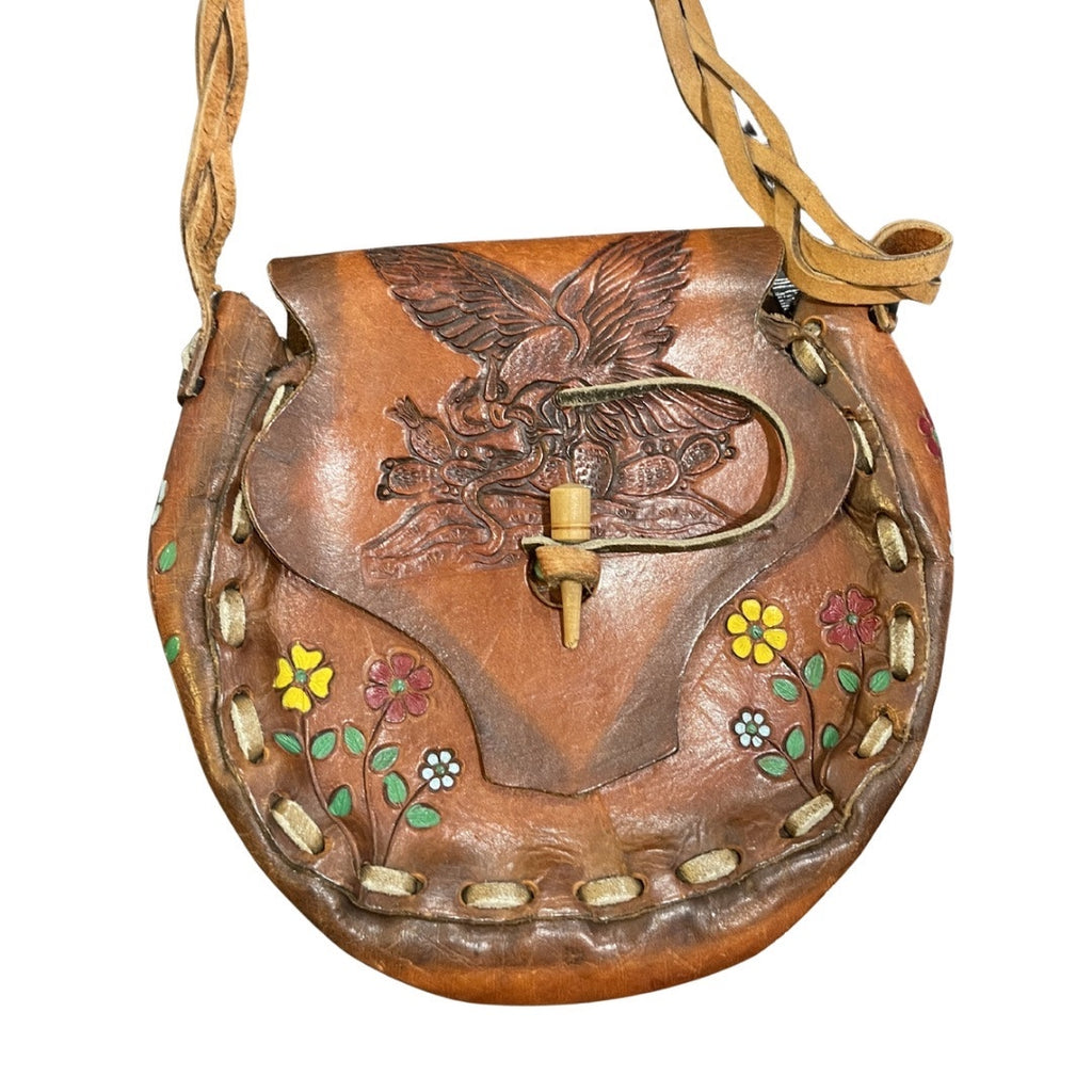 VTG Handmade Tooled Mexican Leather Boho Hippie Saddle Bag Eagle Aztec Calendar