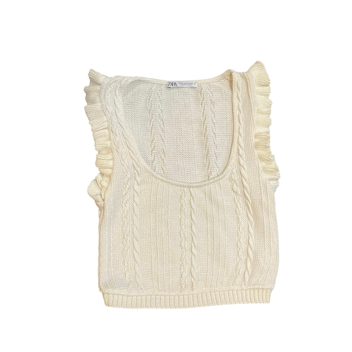 Zara Ivory Cable Knit Ruffle Sleeve Tank Crop Top Sweater Vest SZ S Coquette