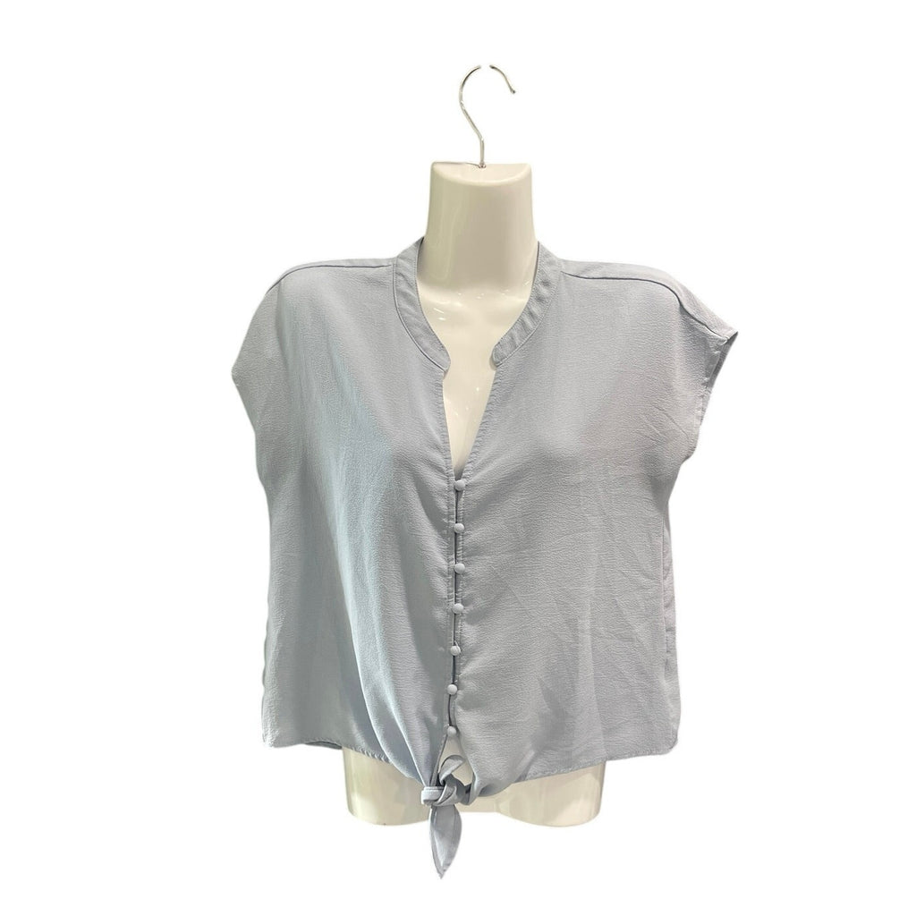 Olive & Oak Cap Sleeve Button Front Crop Blouse Tie Hem SZ S Casual Office