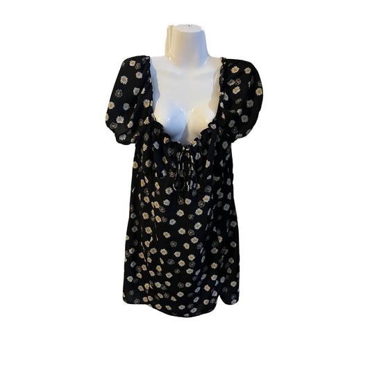 BP Black Daisy Floral Print Short Mini Dress Ditsy Tie Front Summer Size XL