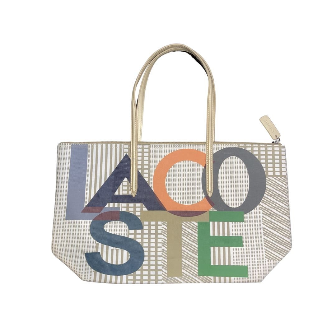 Lacoste Rainbow Large Shopping Zipper Tote Bag Coated Canvas Carry All Handbag