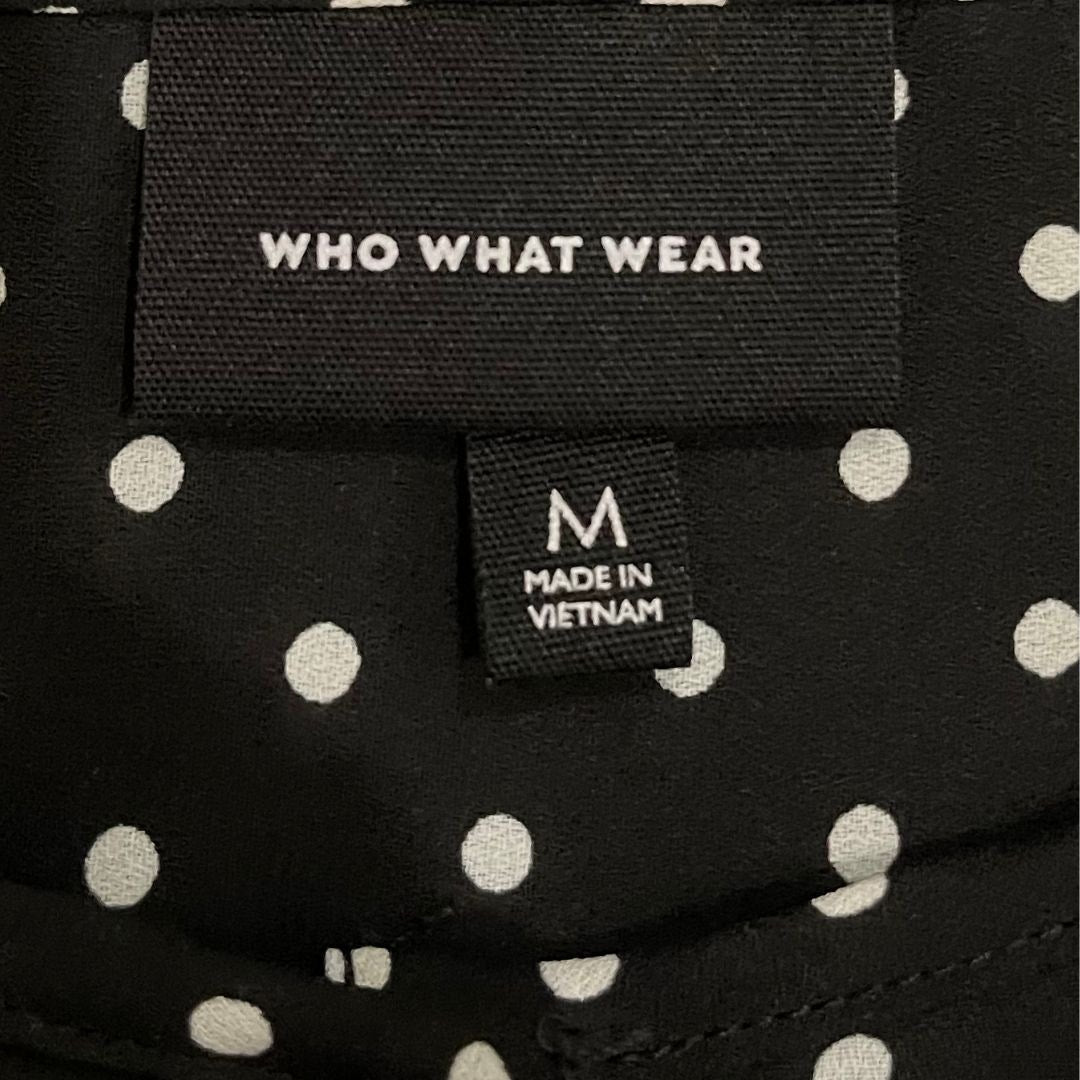 Who What Wear Black & White Polka Dot Round Neck Long Sleeve Shirt Career Chic