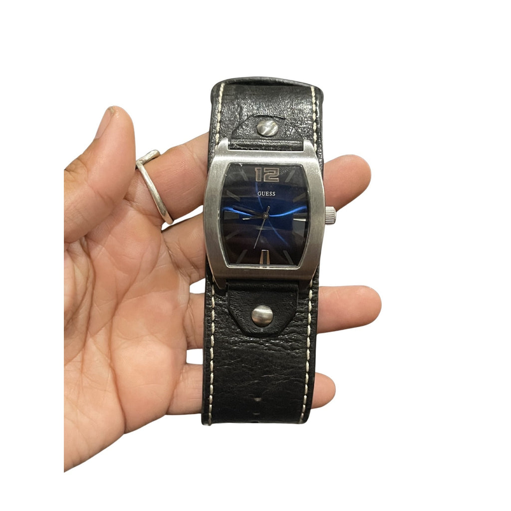 Guess Men's Wrist Watch Wide Leather Band Model G66553G Barrel Shape Y2K