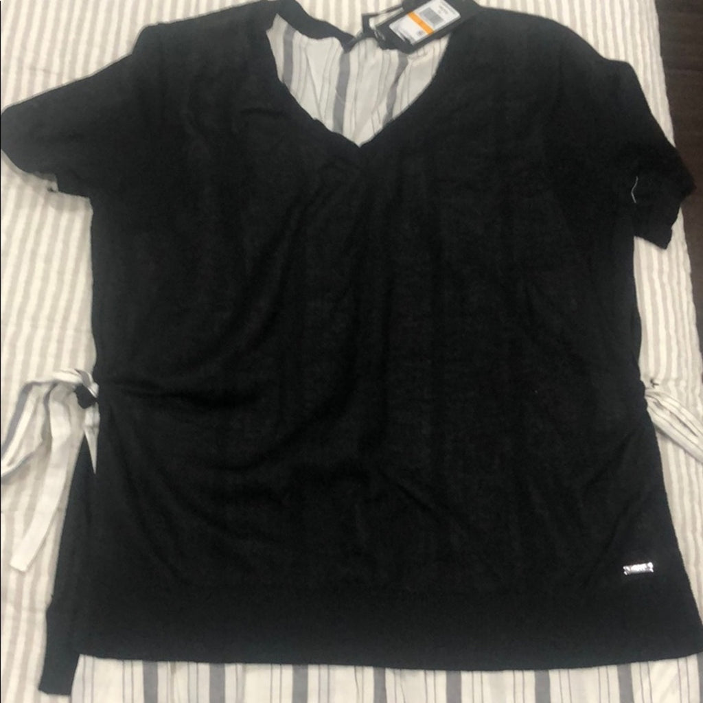 DKNY Layered V-Neck Blouse Top Side Ties NWT SZ S Preppy Academia Office Casual