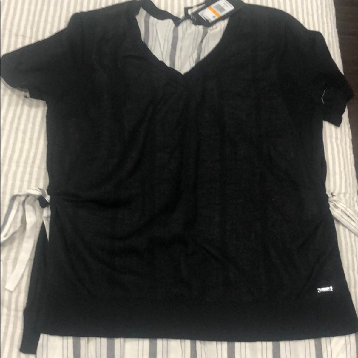DKNY Layered V-Neck Blouse Top Side Ties NWT SZ S Preppy Academia Office Casual