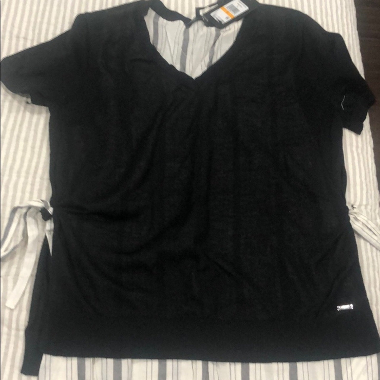 DKNY Modern and Boho Top Blouse, ties and layer design NWT Size Small