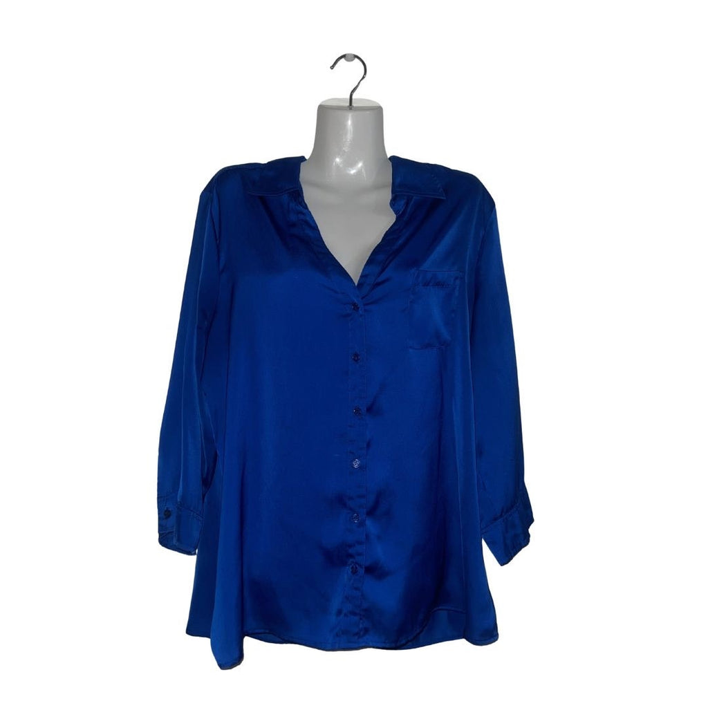 Apt. 9 Royal Blue Button Long Sleeve Satin Blouse Size XL Career Chic Office