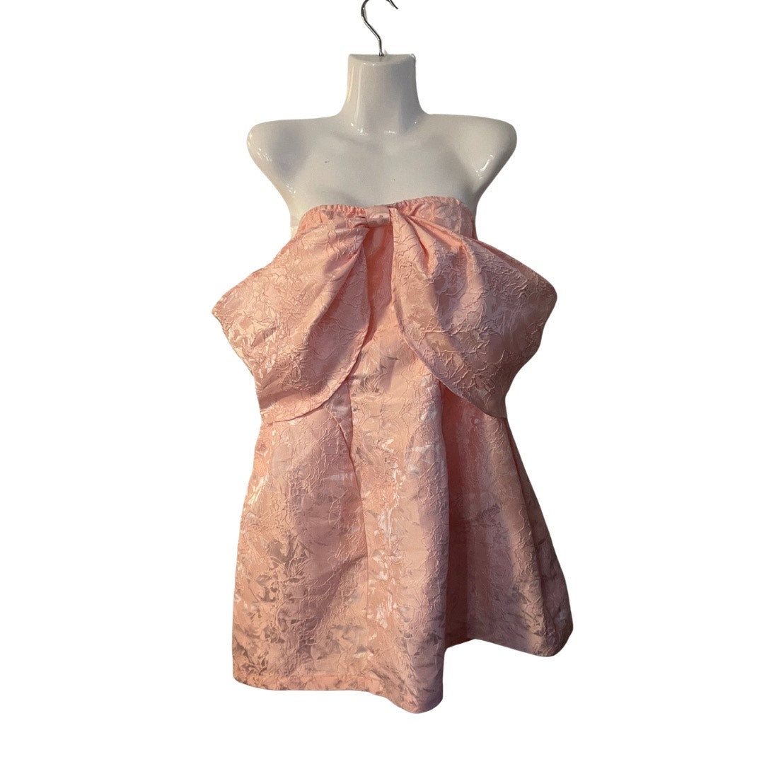 Shein Pink Floral Jacquar Strapless Bow Mini Dress SZ M Coquette Party Flirty