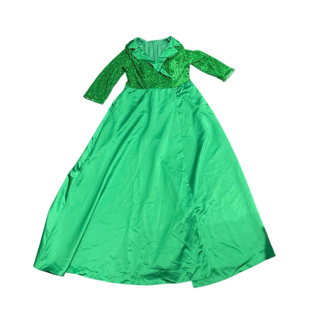 Emerald Green Sequined Formal Gown Dress Wide Collar A-Line Maxi Wicket Costume