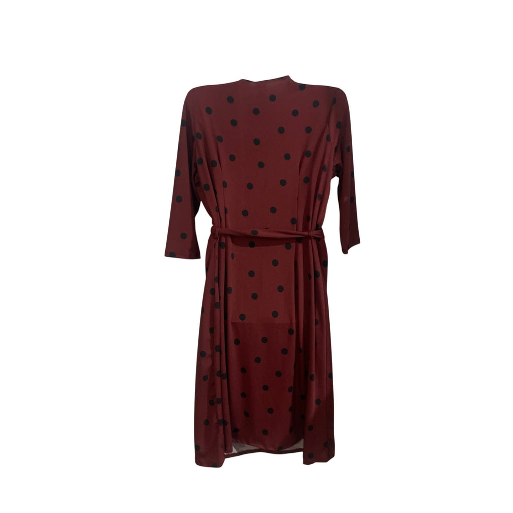 Vintage Inspired Burgundy Polka Dots Midi Wrap V-Neck Dress L Classy Mid Century
