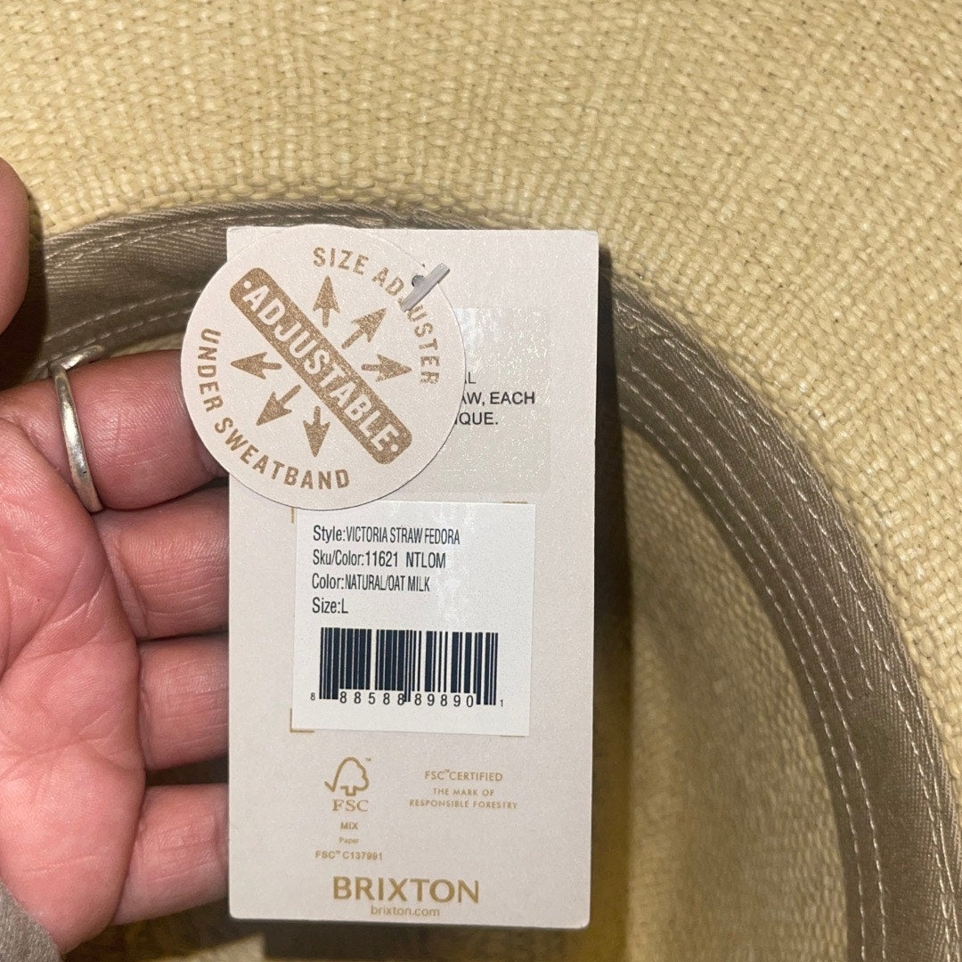 Brixton Victoria Straw Fedora Hat Natural Oat Milk Adjustable Size Large NWT