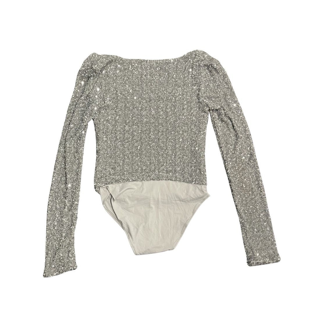 Zara Silver Sequin Bodysuit Long Sleeve Cowl Neckline Size Medium Evening Party