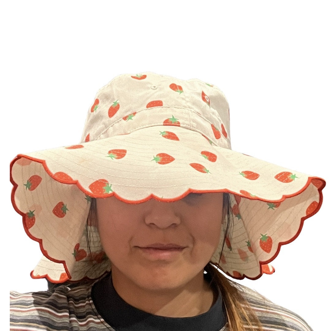 Strawberry Bucket Hat Scallop Trim Sun Hat Wide Brimmed Girly Fun