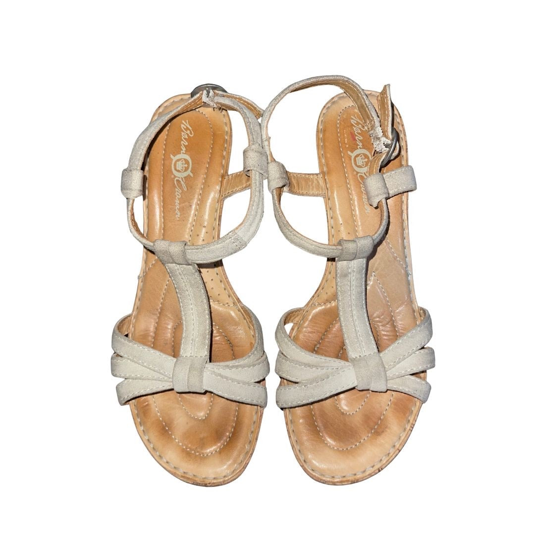 Born Crown "Myndy" Leather Sandals Cork Heel Strappy T-Strap Size 7 Boho Indie