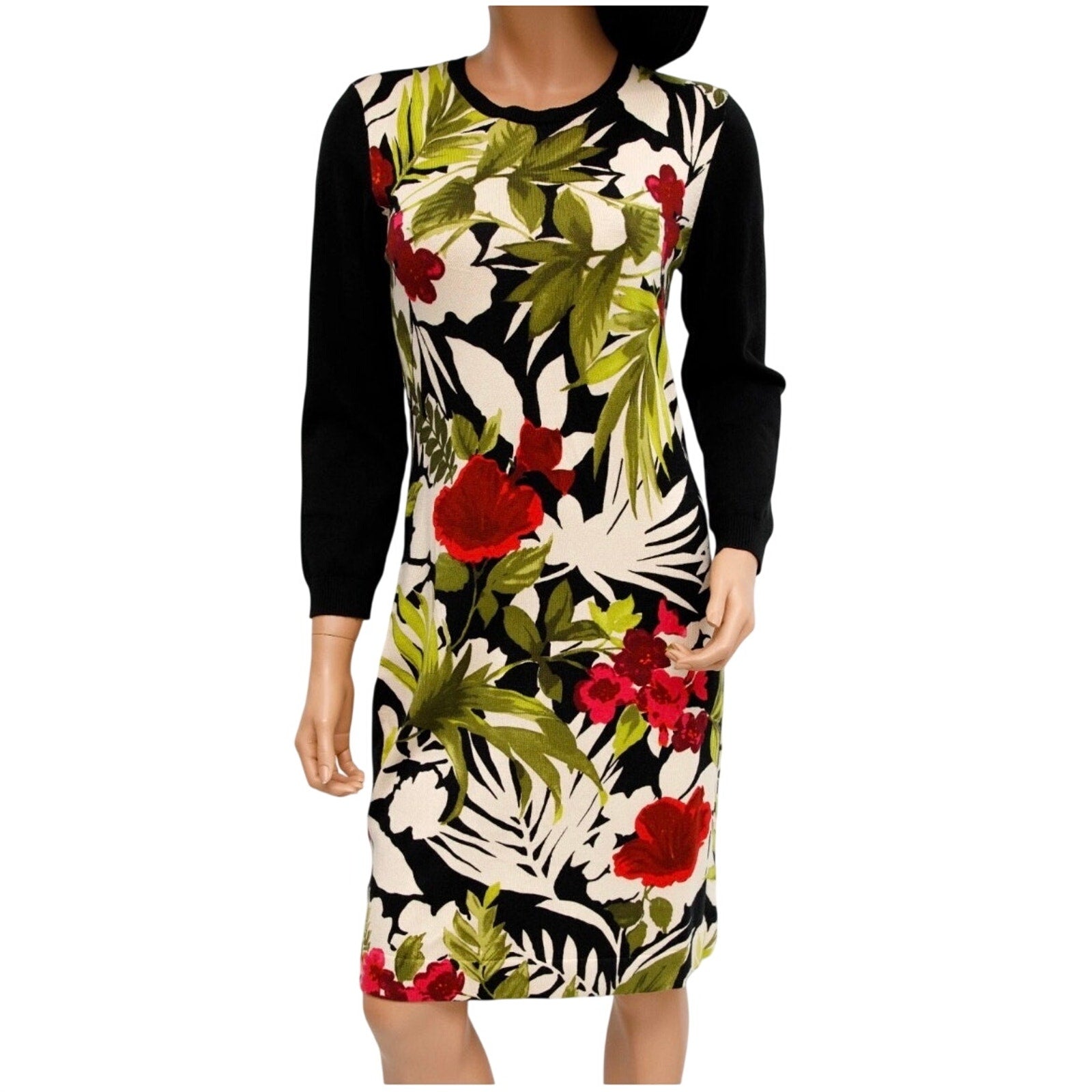 Tommy Bahama Tropical Floral Print Long Sleeve Knit Sweater Dress Boho Chic