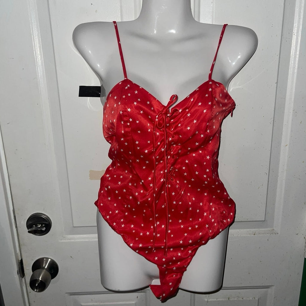 Zara Star Print Bodysuit Red Front Tie Size Small NWT
