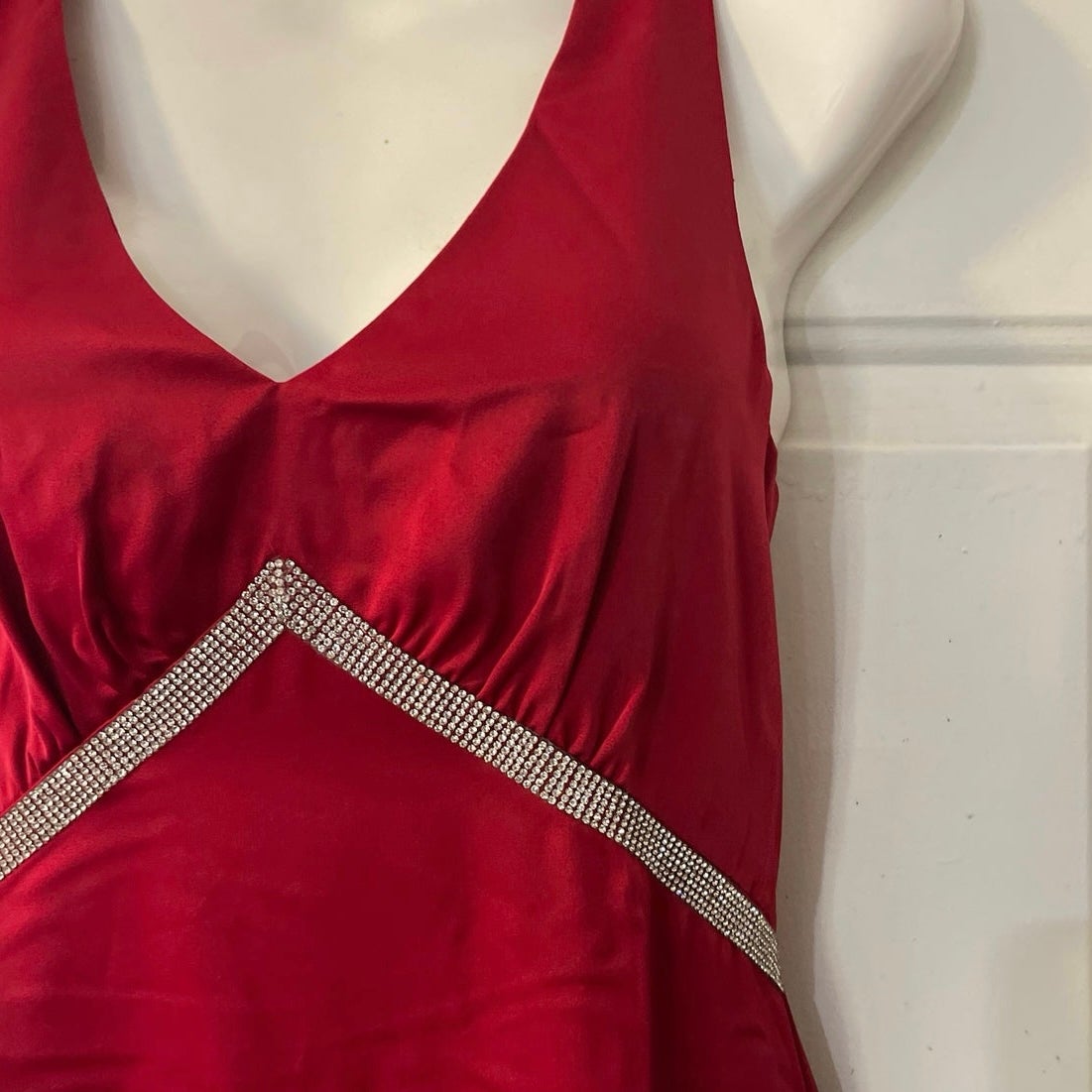 Cider Rhinestone V-Neck Red Satin Evening Dress XXS Formal Gown Wedding Prom NWT