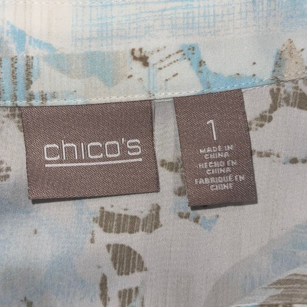 Chico's Multi Color roll tab Sleeve Blouse Size 1 Medium Button Up Top Casual