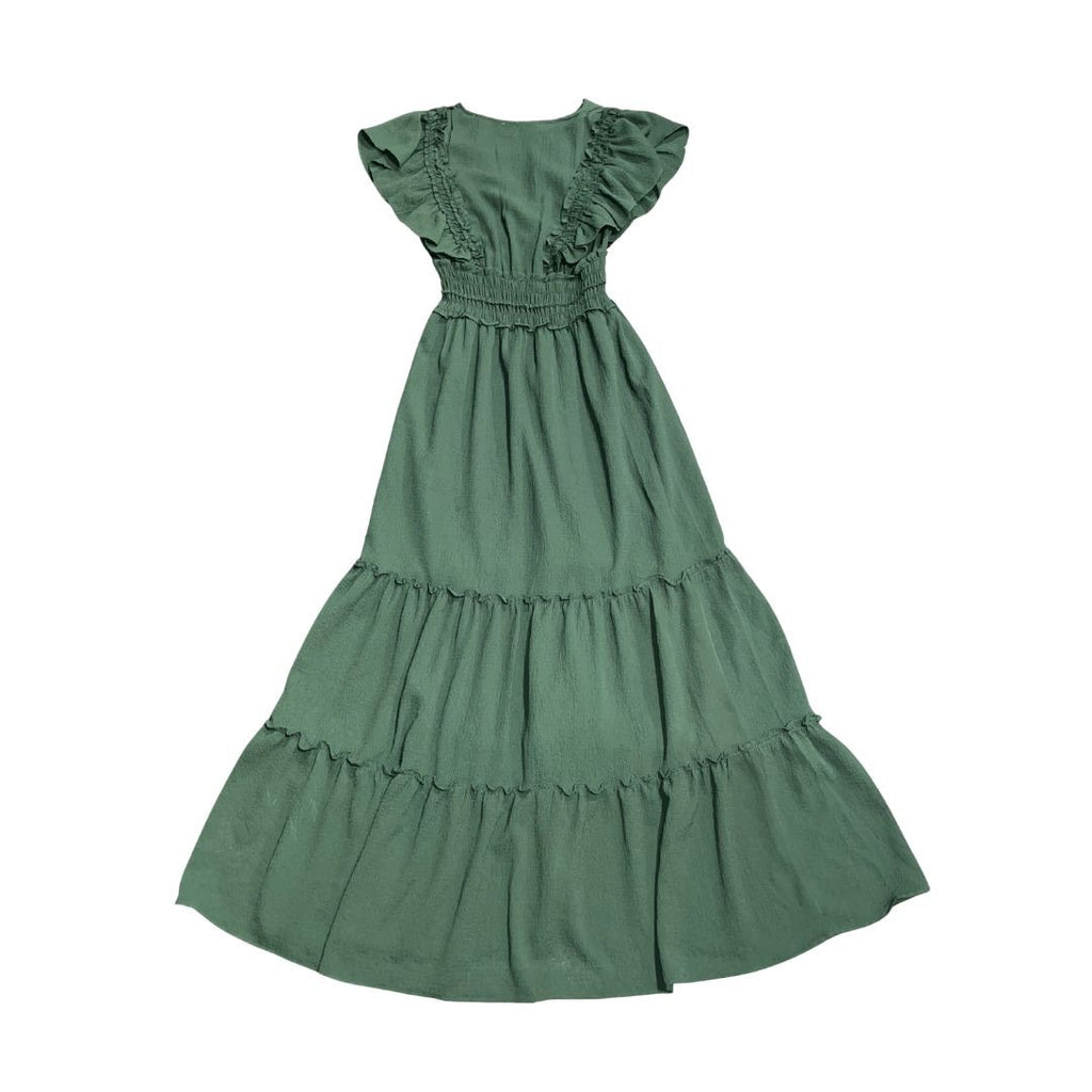 Max Studio London Green Crepe Flutter Sleeve Smoked Tiered Maxi Dress Size small