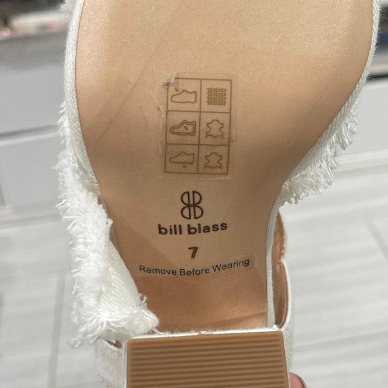 Bill Blass Carmen 90 Block Heel Sandal White Denim Fray Bow SZ 7 NWOB Bridal