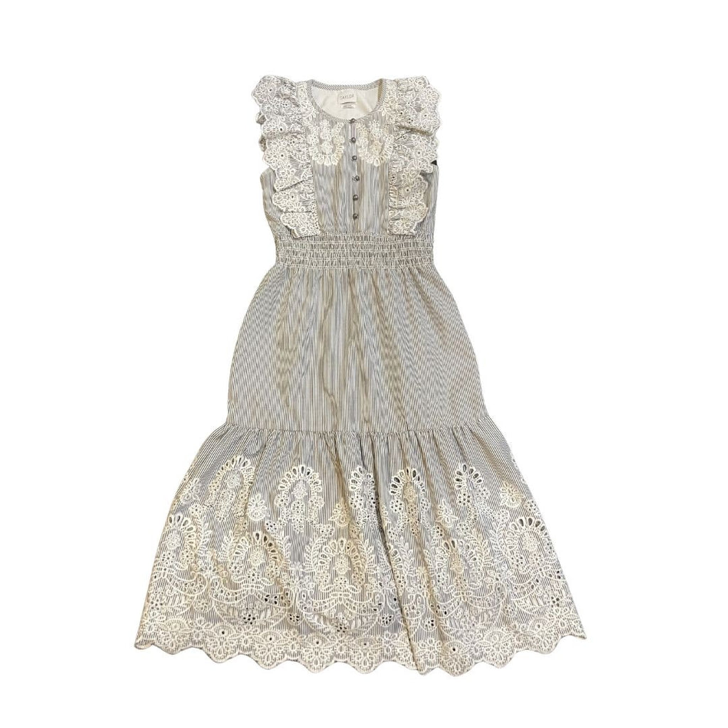 Saylor Maliyah Striped Eyelet Midi Tiered Dress Small Smocked Waist Milkmaid