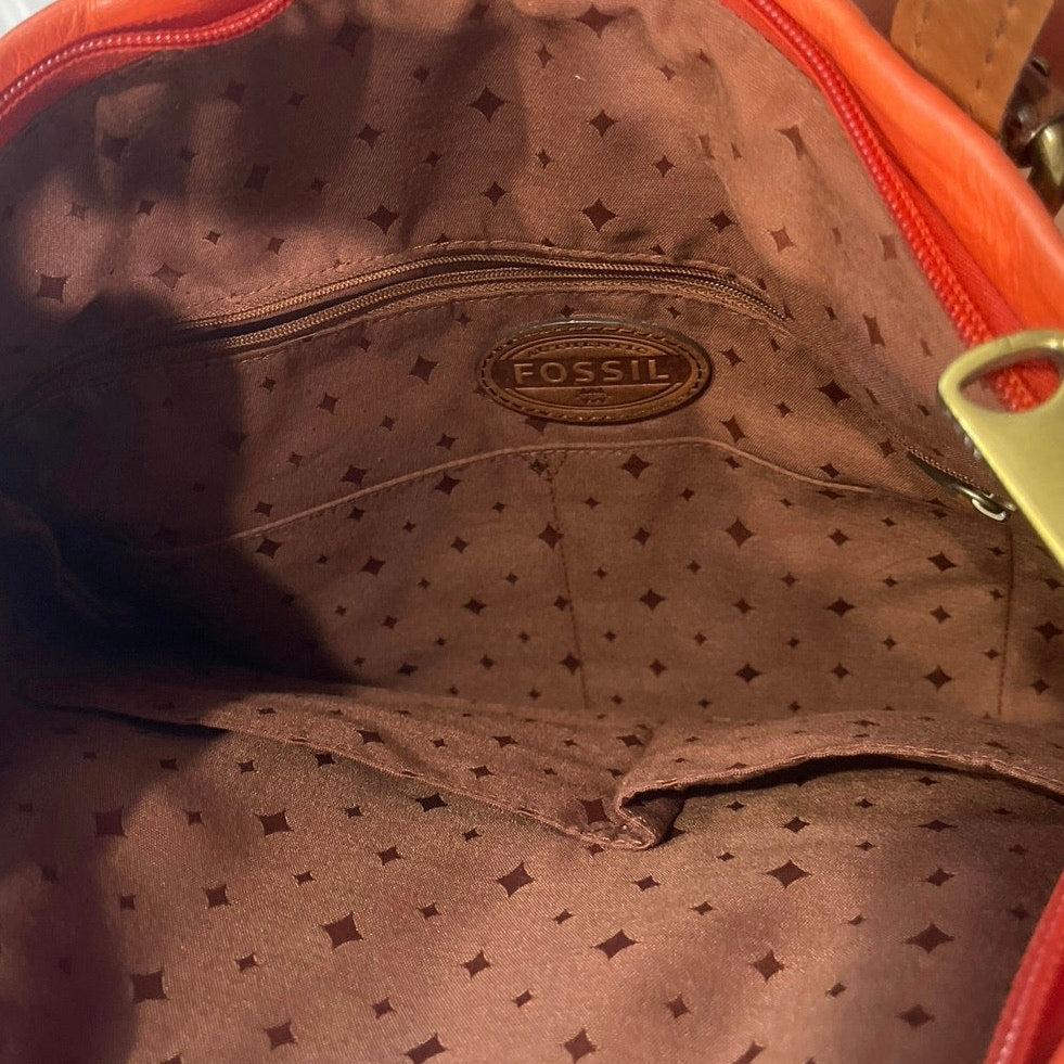 Fossil Orange Leather Explorer Foldover Convertible Tote Crossbody Bag Vintage
