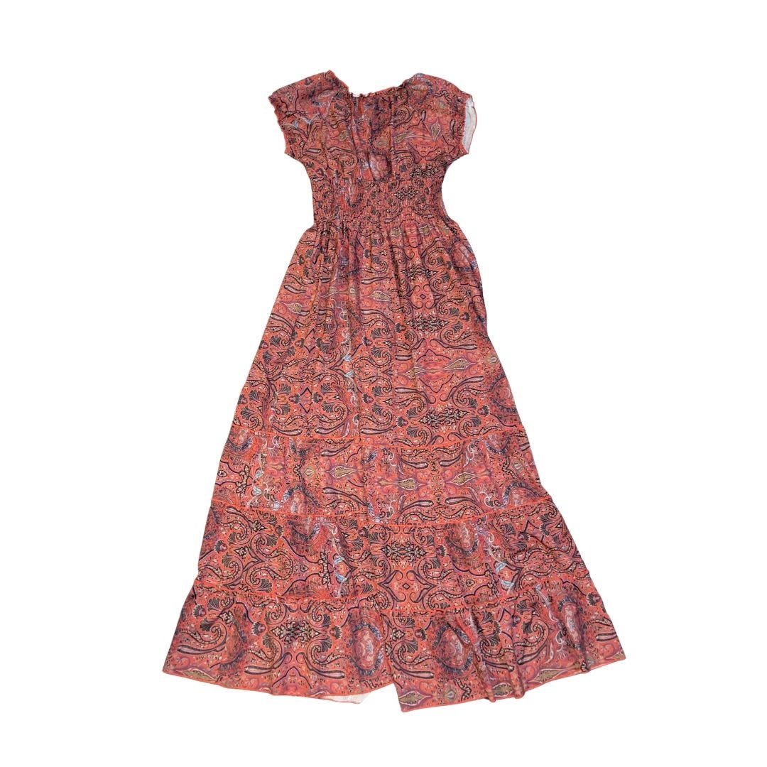 Bohemian Paisley Print Maxi Smoked Waist Dress Size Small Peasant Flowy
