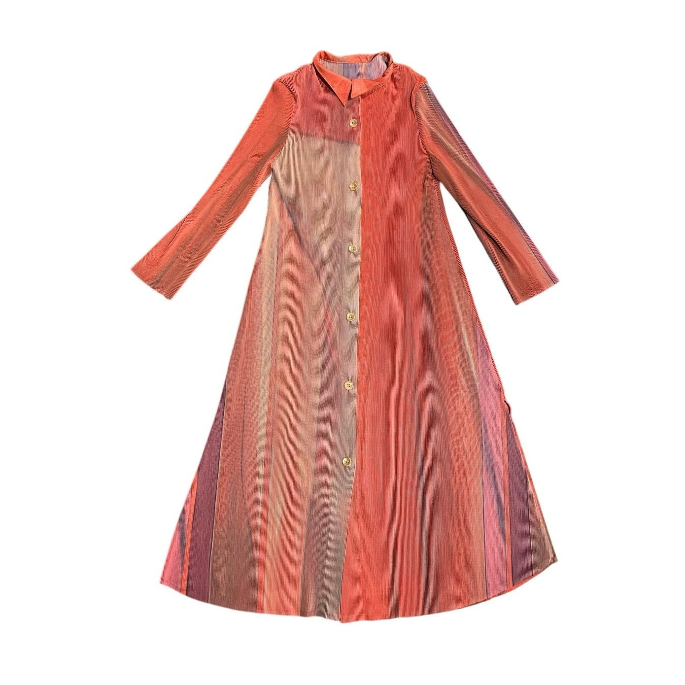 Ombre Pleated Collared Midi Button Down Long Sleeve Dress Size Medium Stretch