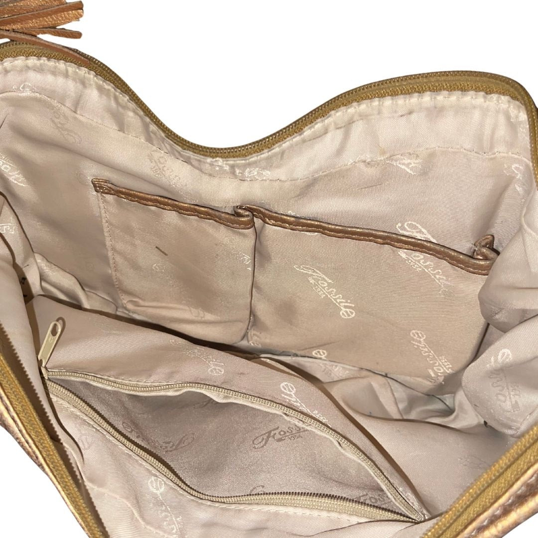 Fossil Genuine Leather Shoulder Hobo handbag Gold Crescent Purse