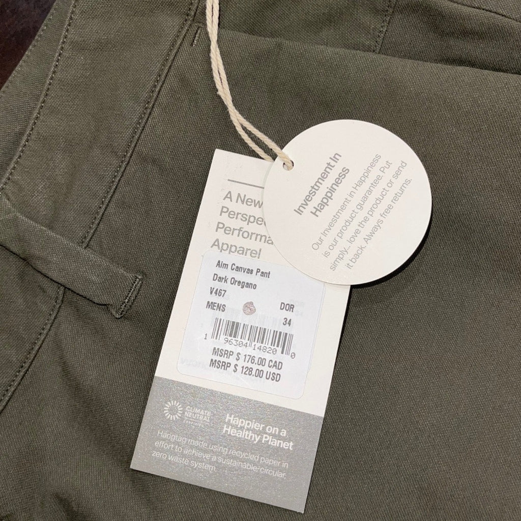 Vuori Aim Canvas Pants Dark Oregano SZ 34 Outdoors Golf Travel Athletic Fit NWT