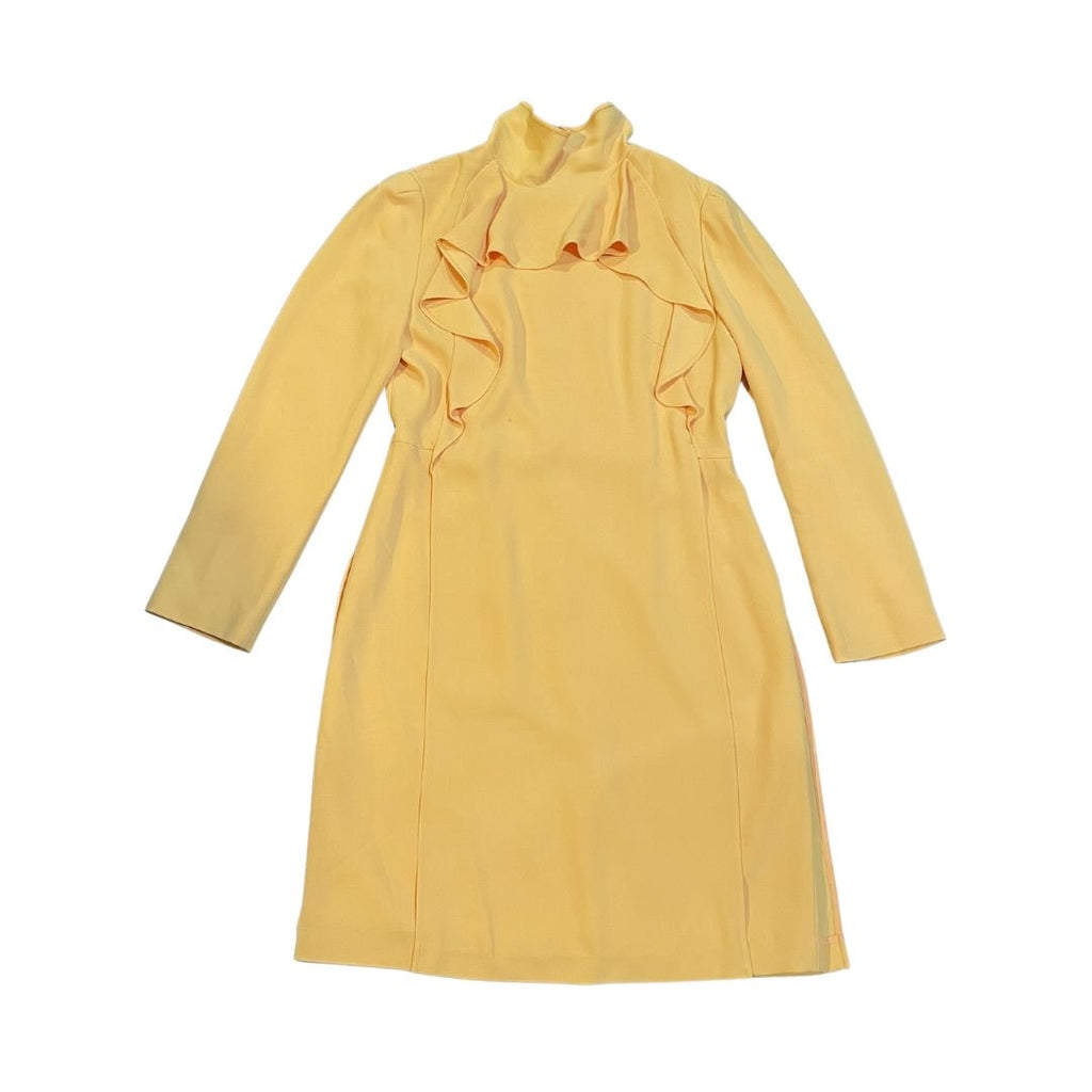 Mojo.S.Phine Yellow High Neck Collar Mid Length Dress Elegant Ruffled Evening