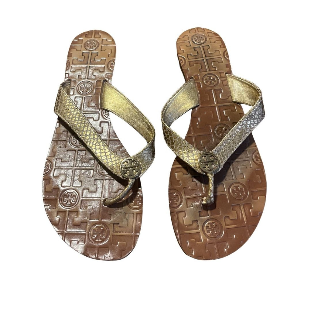 Tory Burch Thora Embossed Gold Leather Snakeskin Thong Sandal Size 9 Flip Flop